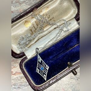 1900’s Antique Sterling Silver Lavaliere Pendant With Blue Gem Necklace